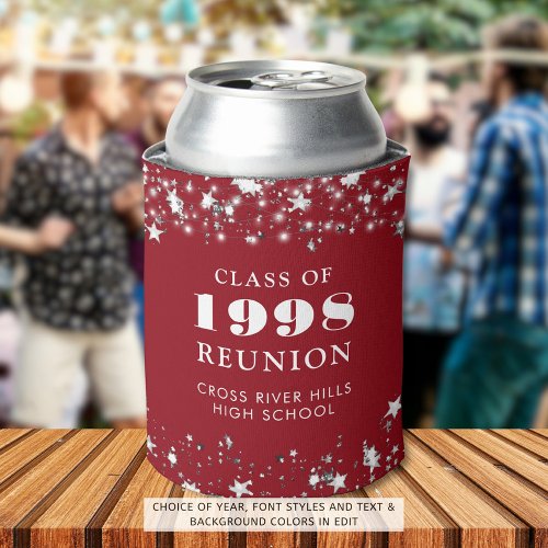 Class Reunion Red Silver Stars Personalized Can Cooler