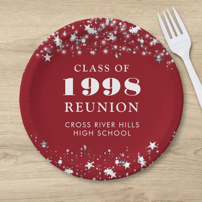 Class Reunion Red Silver Stars Personalized Paper Plates (Creator Uploaded)