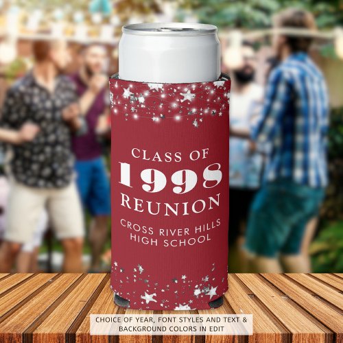 Class Reunion Red Silver Stars Personalized Seltzer Can Cooler