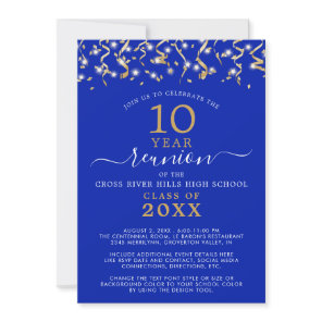 Class Reunion Royal Blue Gold Confetti Streamers Invitation