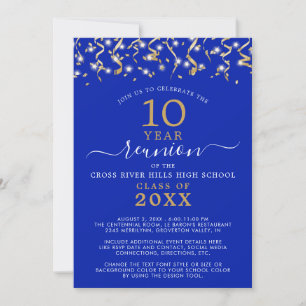 Class Reunion Royal Blue Gold Confetti Streamers Invitation