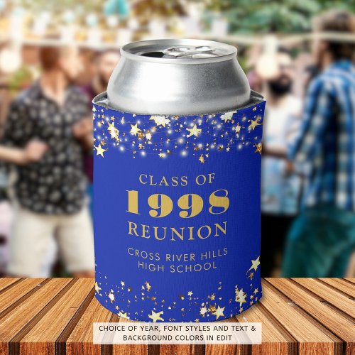 Class Reunion Royal Blue Gold Stars Personalized Can Cooler