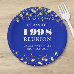 Class Reunion Royal Blue Gold Stars Personalized Paper Plates<br><div class="desc">Celebrate with classmates at your school or college class reunion with these personalized and custom color paper plates for any graduating class (the year is editable) with your class year and school name. The design features gold stars and string lights against an editable royal blue background color and text colors...</div>