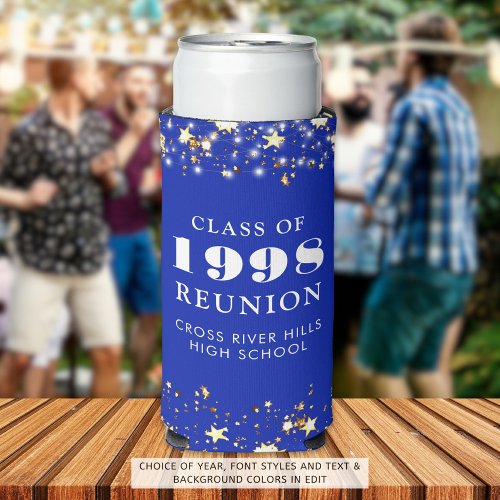 Class Reunion Royal Blue Gold Stars Personalized Seltzer Can Cooler