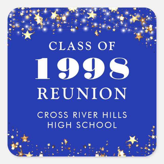 Class Reunion Royal Blue Gold Stars Personalized Square Sticker (Front)