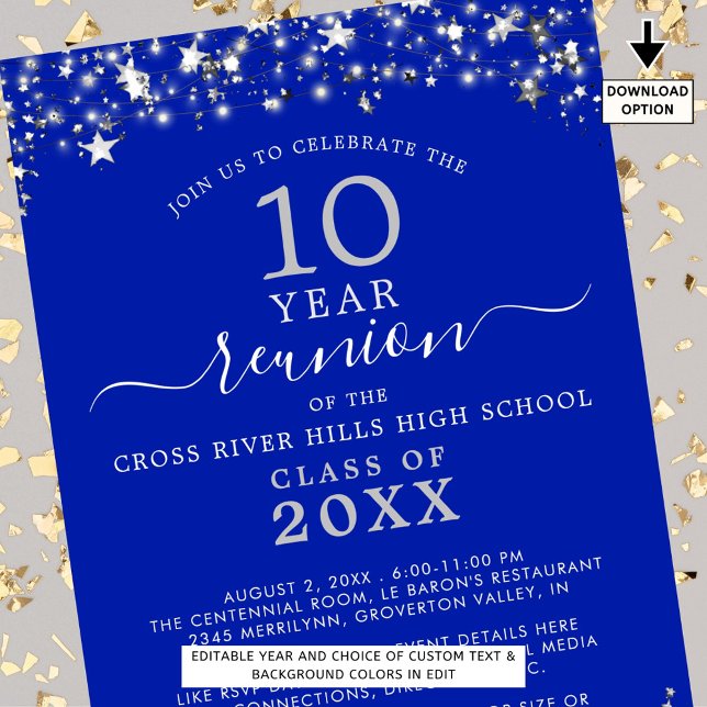 Class Reunion Royal Blue Silver Stars Any Year Invitation (Creator Uploaded)