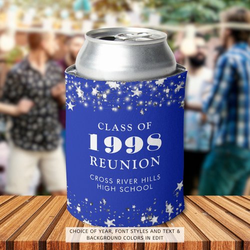 Class Reunion Royal Blue Silver Stars Personalized Can Cooler