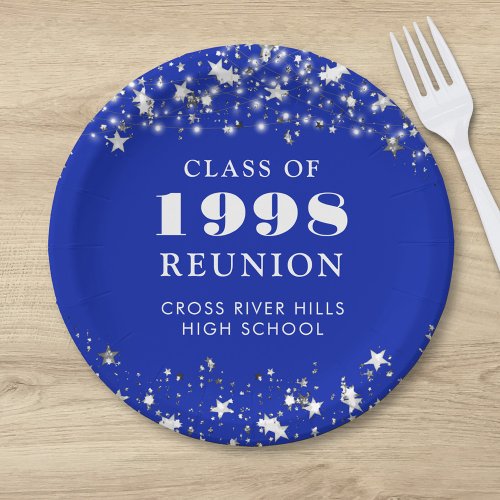 Class Reunion Royal Blue Silver Stars Personalized Paper Plates