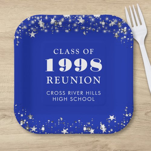 Class Reunion Royal Blue Silver Stars Personalized Paper Plates