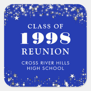 Class Reunion Royal Blue Silver Stars Personalized Square Sticker