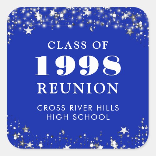 Class Reunion Royal Blue Silver Stars Personalized Square Sticker