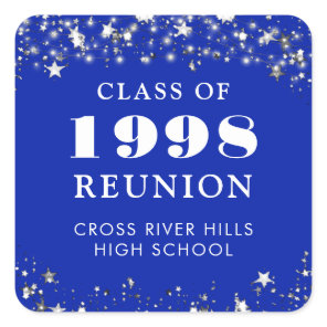 Class Reunion Royal Blue Silver Stars Personalized Square Sticker