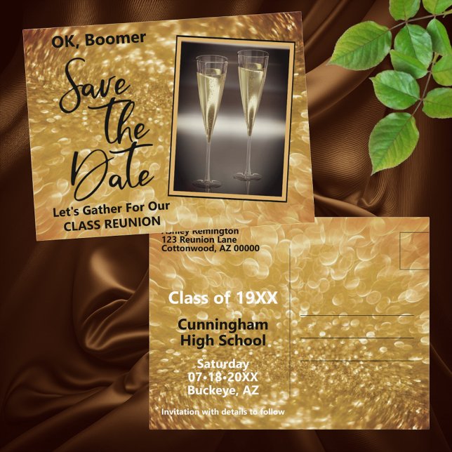 Class Reunion Save The Date Baby Boomer Champagne Announcement Postcard (front and back class reunion template postcard)