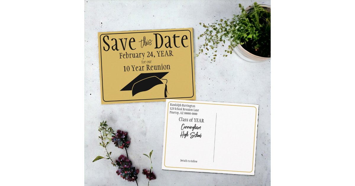 Class Reunion Save The Date Black Gold Postcard | Zazzle
