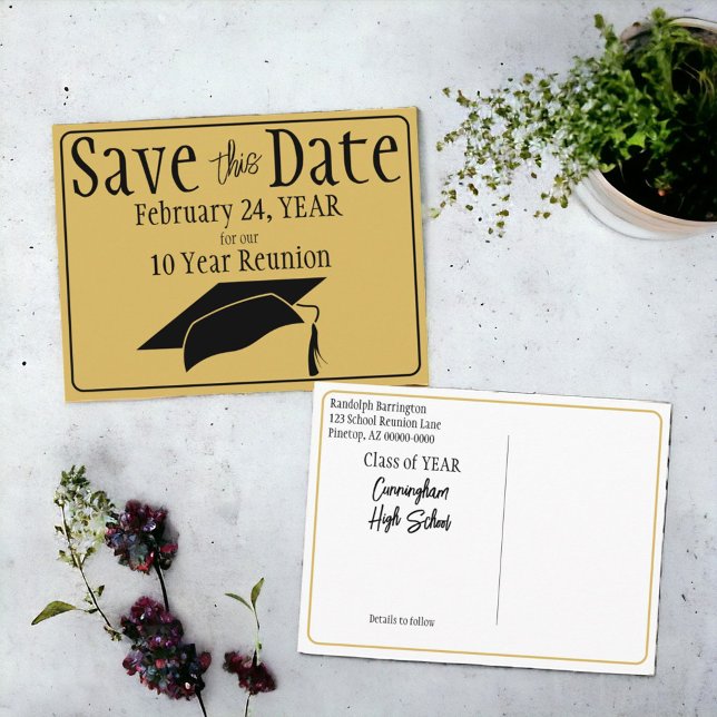 Class Reunion Save The Date Black Gold  Postcard (Easy to personalize black and gold class reunion save the date announcement. )