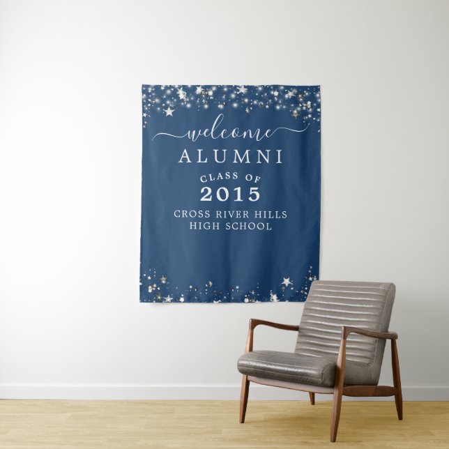 Class Reunion Welcome Alumni Navy Silver Stars Tapestry (In Situ)
