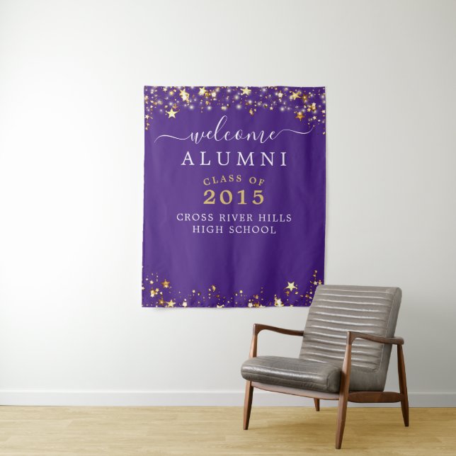 Class Reunion Welcome Alumni Purple Gold Stars Tapestry (In Situ)