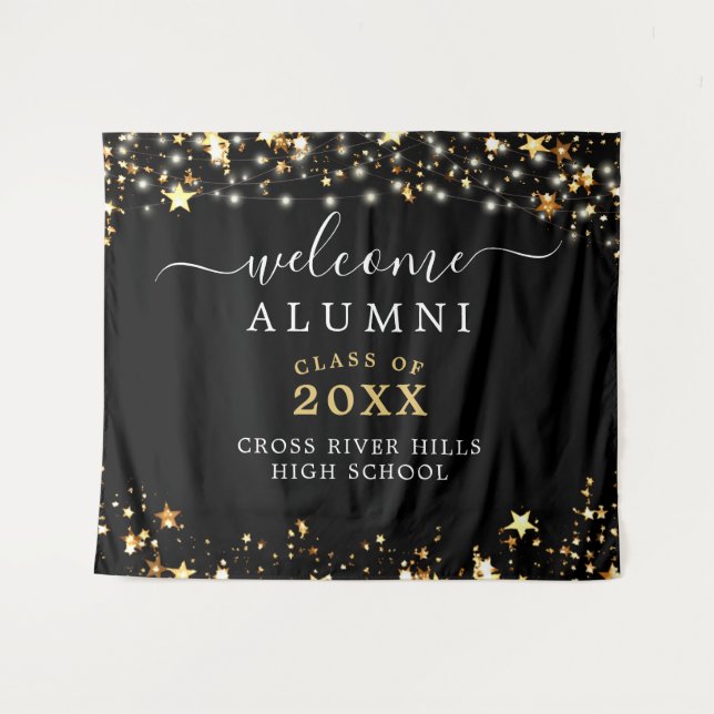 Class Reunion Welcome Black Gold Stars Confetti Ta Tapestry (Front (Horizontal))