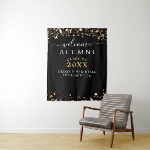 Class Reunion Welcome Black Gold Stars Confetti Tapestry