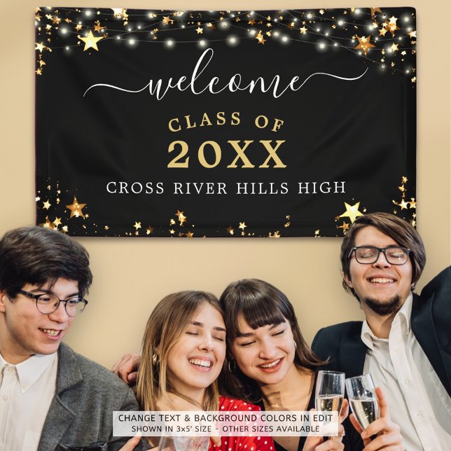 Class Reunion Welcome Black Gold Stars Lights Banner (Creator Uploaded)