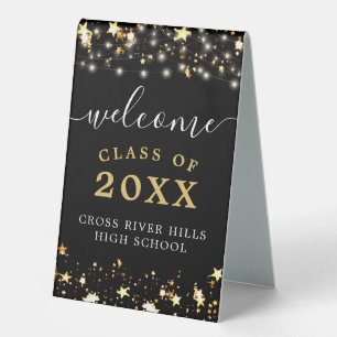 Class Reunion Welcome Black Gold Stars Lights Table Tent