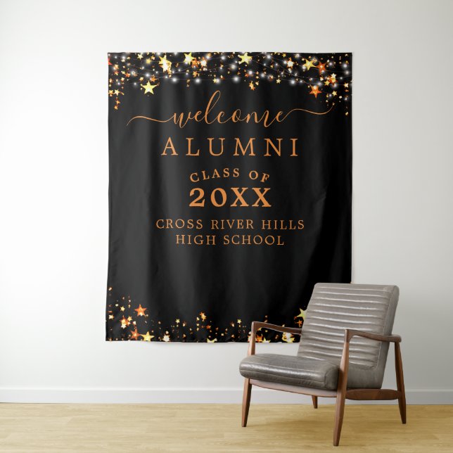 Class Reunion Welcome Black Orange Stars Confetti Tapestry (In Situ)