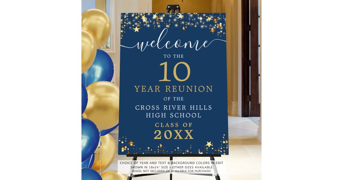 Class Reunion Welcome Blue Gold Stars Script Foam Board | Zazzle
