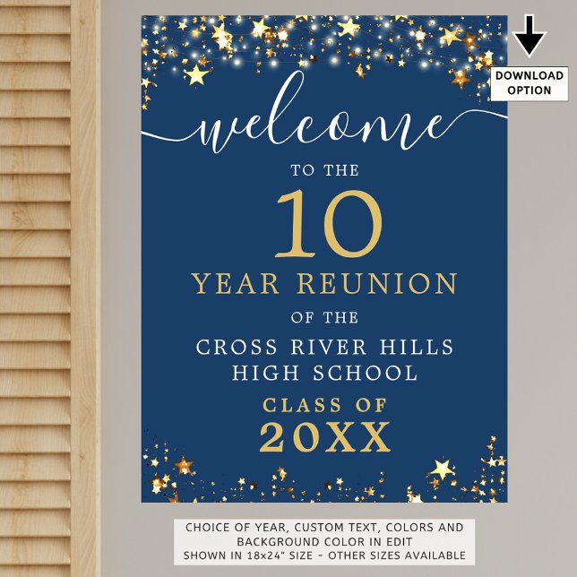 Class Reunion Welcome Blue Gold Stars Script Poster (Creator Uploaded)