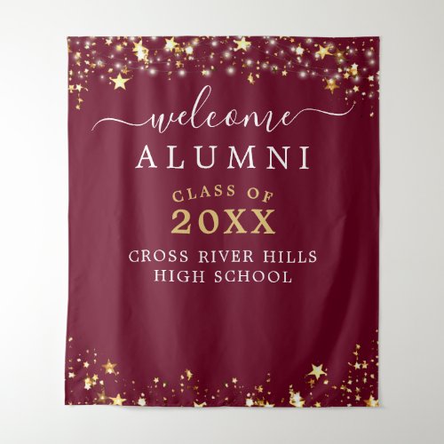 Class Reunion Welcome Burgundy Gold Stars Confetti Tapestry