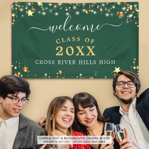 Class Reunion Welcome Dark Green Gold Stars Lights Banner