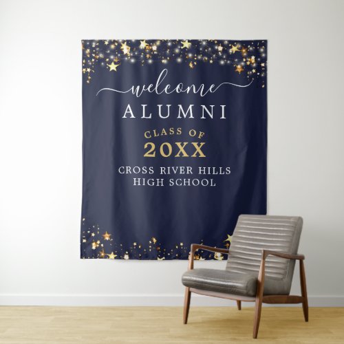 Class Reunion Welcome Navy Gold Stars Confetti Tapestry