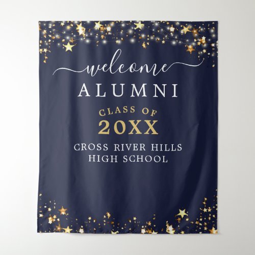 Class Reunion Welcome Navy Gold Stars Lights Tapestry