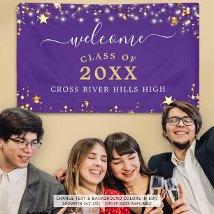 Class Reunion Welcome Purple Gold Stars Lights Banner