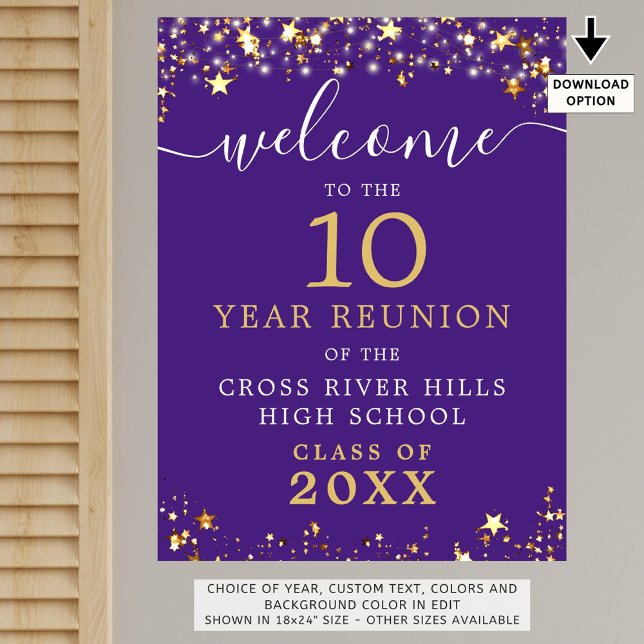 Class Reunion Welcome Purple Gold Stars Script Poster (Creator Uploaded)