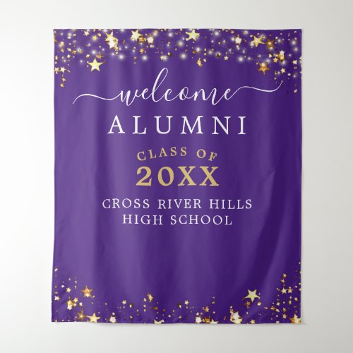 Class Reunion Welcome Purple Gold Stars Tapestry