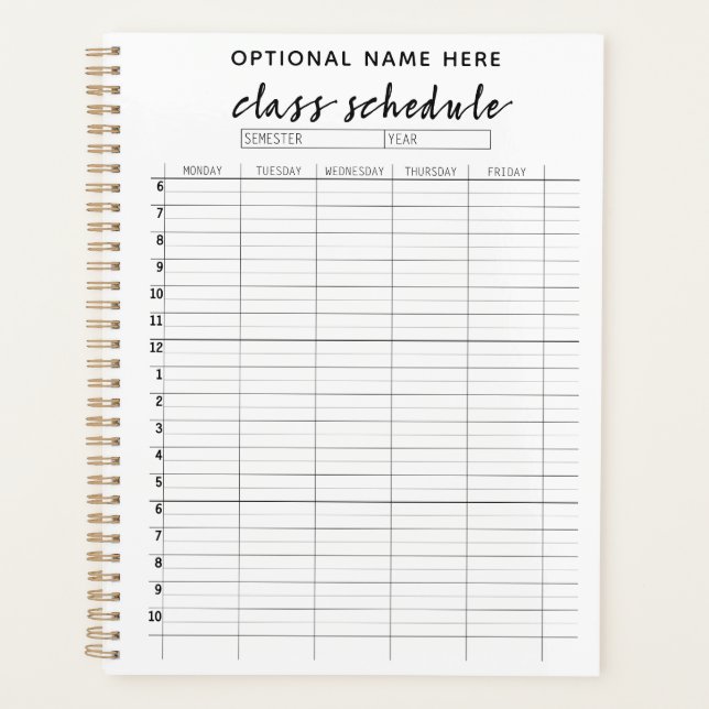 Class Schedule for Semester - black and white Planner (Front)