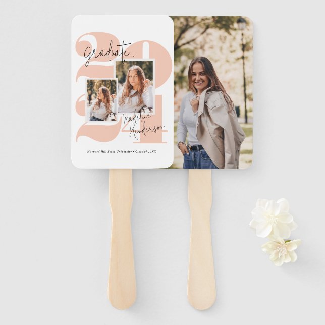 Class Year 3 Photo Collage Peach Graduation Hand Fan (Front and Back)