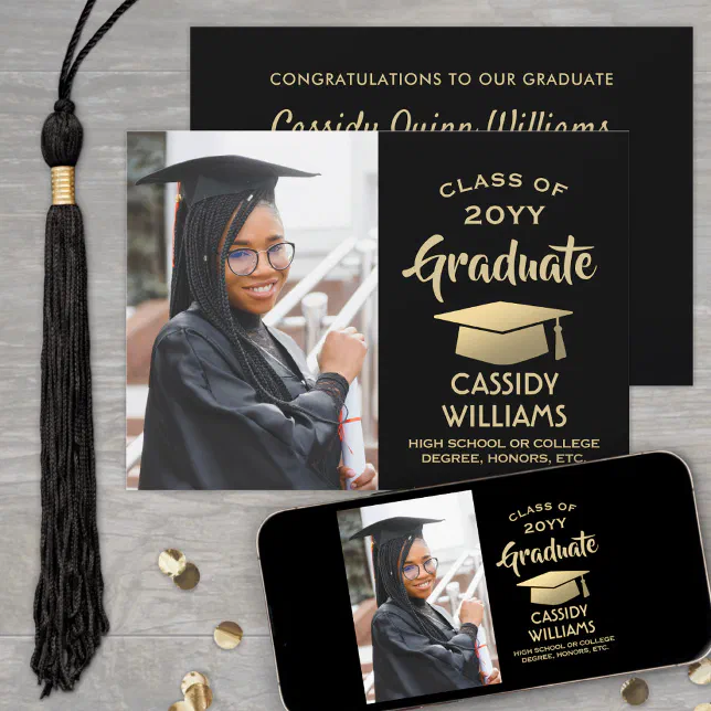 Class Year Black and Gold Modern Graduation Photo Invitation | Zazzle