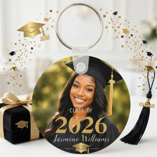 Class Year Black Gold Graduation Portrait Keychain