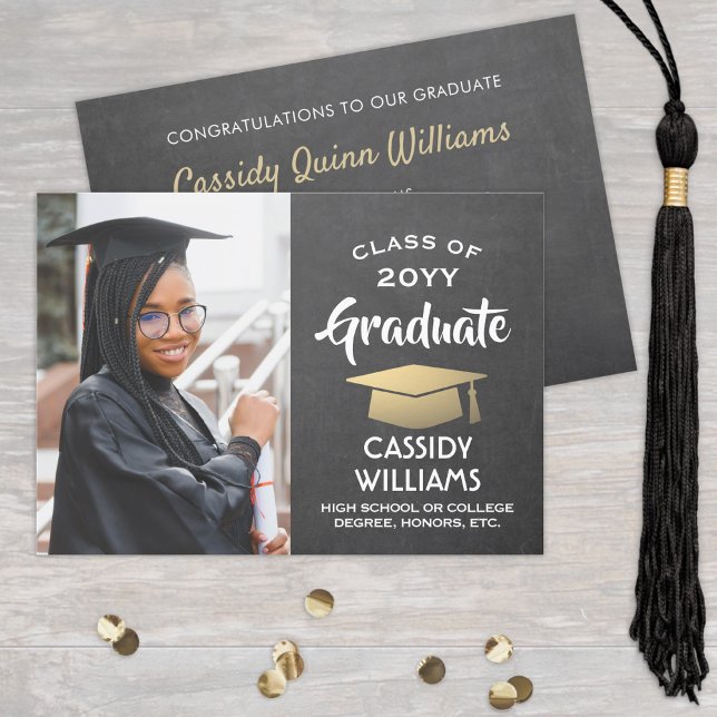 Class Year Chalkboard Gray & Gold Graduation Photo Invitation (Creator Uploaded)