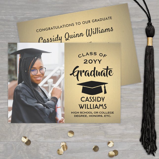 Class Year Gold Ombre and Black Graduation Photo Invitation (Creator Uploaded)