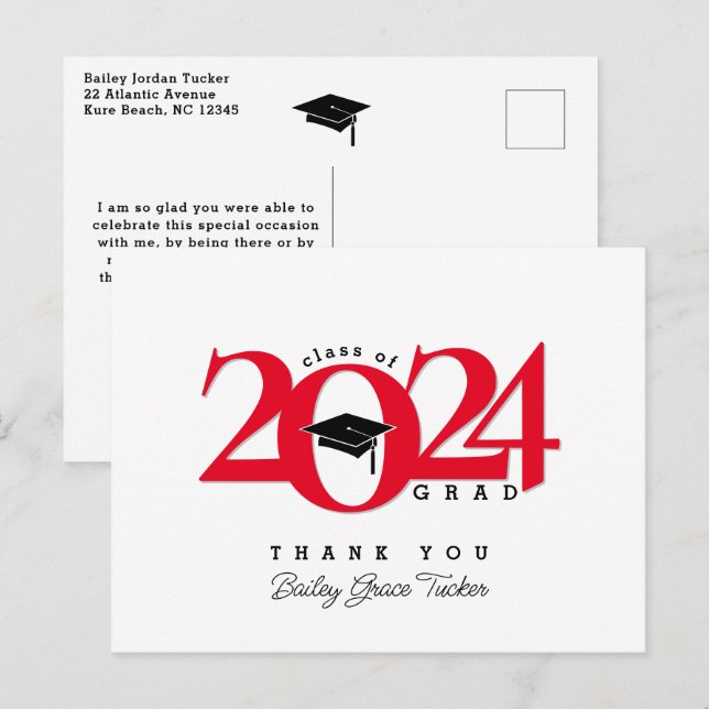 Class Year Grad Tassel Red Graduation Thank You Postcard (Front/Back)
