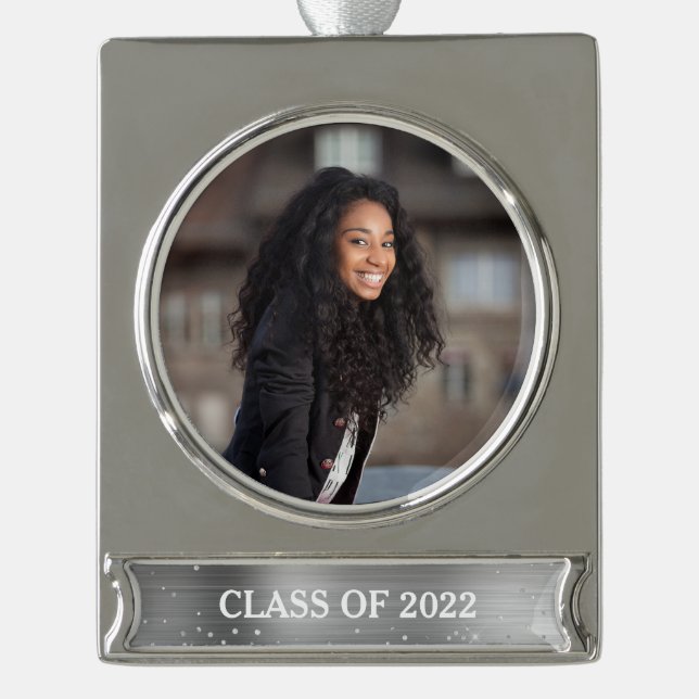 Class Year Graduation Photo Glitter Glam Silver Plated Banner Ornament (Front)