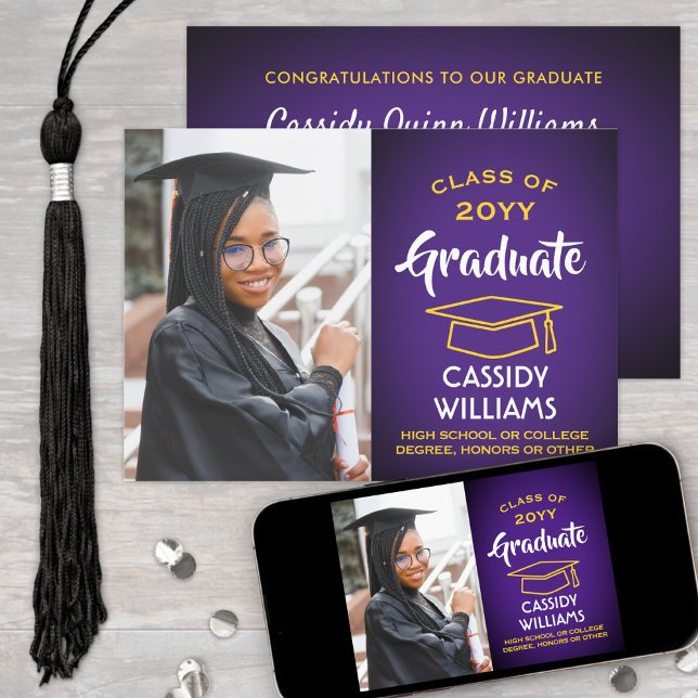 Class Year Purple and Gold Modern Graduation Photo Invitation (Creator Uploaded)