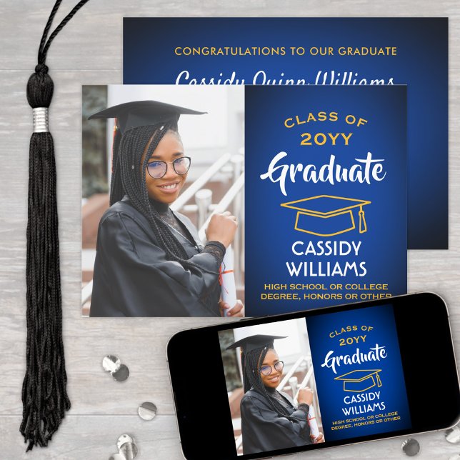 Class Year Royal Blue and Gold Graduation Photo Invitation (Creator Uploaded)