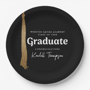 Class Year School graduate black gold tassel Paper Plates