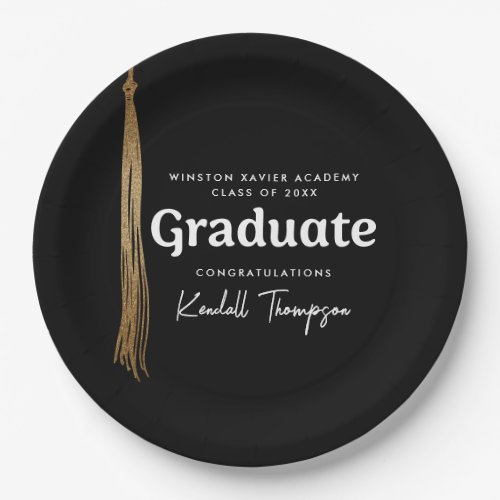 Class Year School graduate black gold tassel Paper Plates