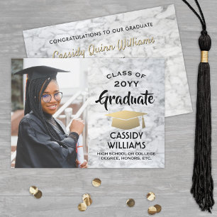 Class Year White Marble and Gold Graduation Photo Invitation