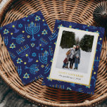 Classi Blue gold Menorah Stars 3 Photos Hanukkah Foil Holiday Card<br><div class="desc">Light up the season with this bold and stylish Hanukkah photo card! Featuring a modern menorah and star pattern in classic blue hues and luxe gold foil accents, it’s designed to make your holiday photo shine. The front showcases your favorite vertical family or couple photo in a sleek white frame...</div>