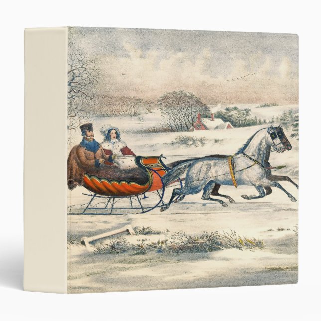 Classic 1853 Sleigh Ride Currier Ives Road Winter 3 Ring Binder (Front/Spine)